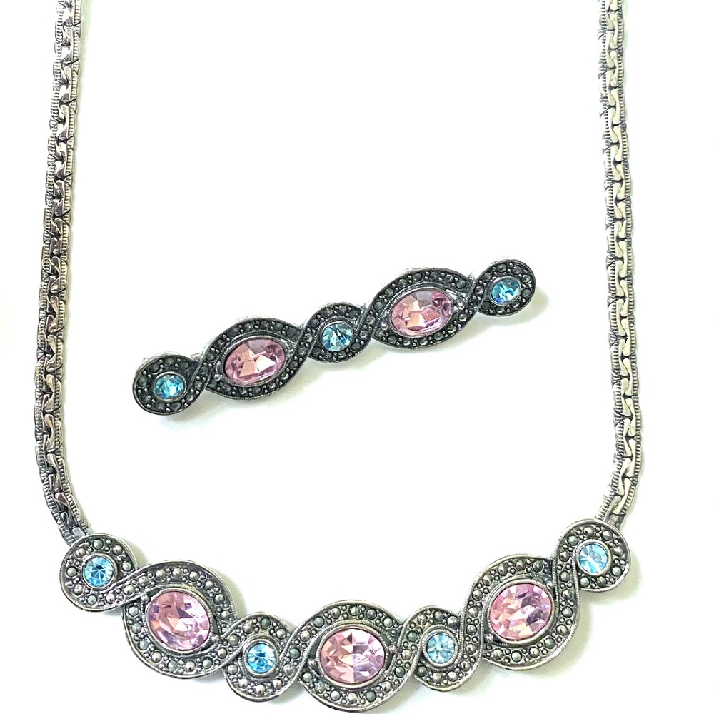 Silver Tone Multicolor Crystal Bib Necklace & Brooch